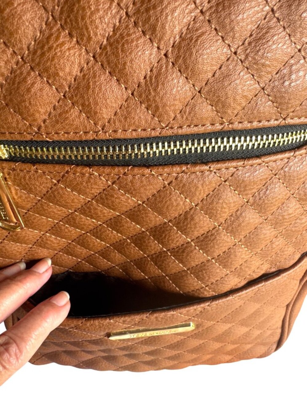 Steve Madden Quilted Cognac Faux Leather Mini Backpack Travel Work Quiet Luxury - Picture 6 of 14